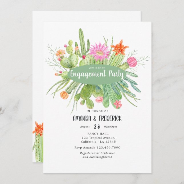 Watercolor Cactus Engagement Party Invitation (Front/Back)