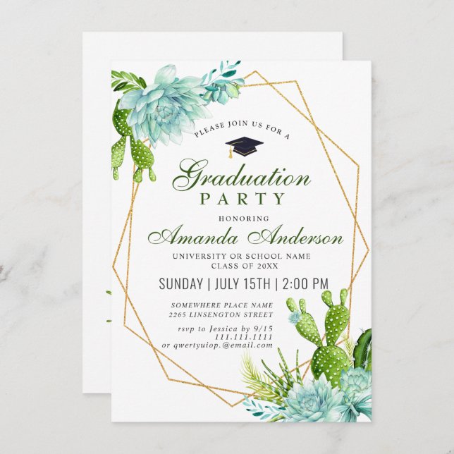 Watercolor Cactus Eucalyptus Graduation Party Invitation (Front/Back)