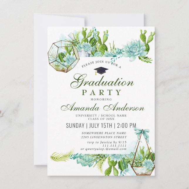 Watercolor Cactus Eucalyptus Graduation Party Invitation (Front)