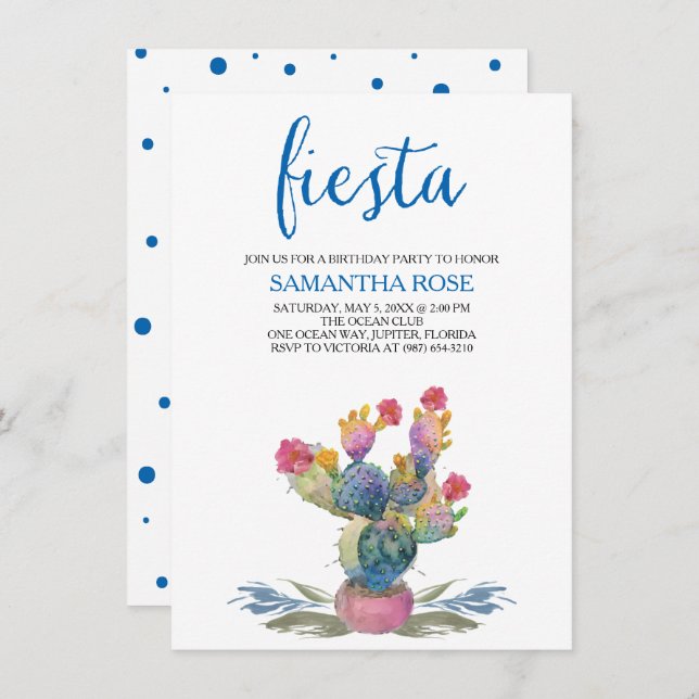 Watercolor Cactus Fiesta Birthday Party Invitation (Front/Back)
