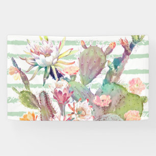 Watercolor cactus, floral and stripes design banner