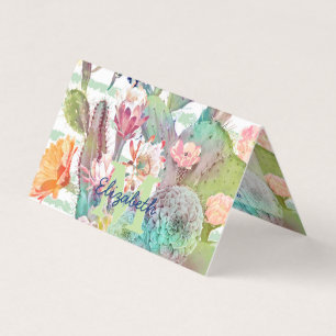 Watercolor cactus, floral and stripes design business card