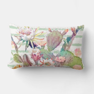 Watercolor cactus, floral and stripes design lumbar cushion