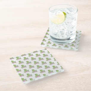 Watercolor Cactus Floral Pattern Pink Green Glass Coaster