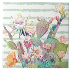 Watercolor Cactus Floral Stripes Design Ceramic Tile