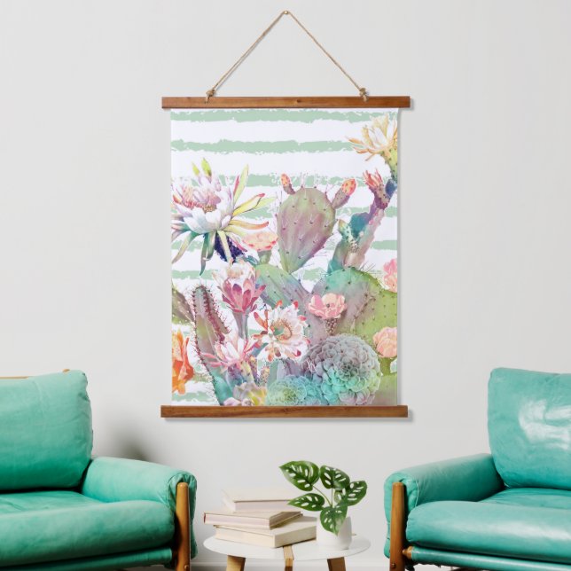 Watercolor Cactus Floral Stripes Design Hanging Tapestry (Living Room)