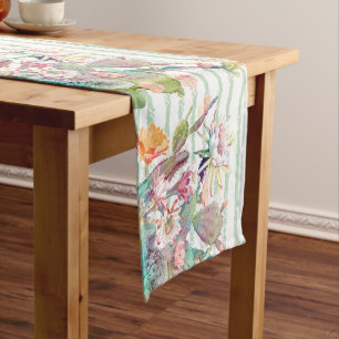 Watercolor Cactus Floral Stripes Design Short Table Runner