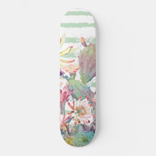 Watercolor Cactus Floral Stripes Design Skateboard