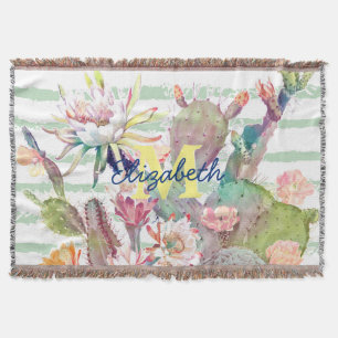 Watercolor Cactus Floral Stripes Design Throw Blanket