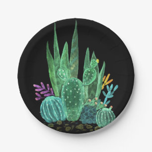 Watercolor, cactus, flowers large clock paper plate