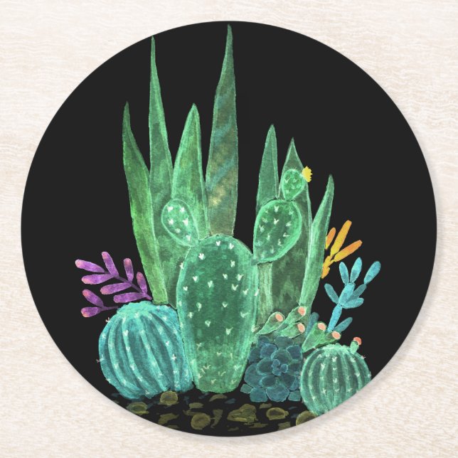 Watercolor, cactus, flowers large clock  round paper coaster (Front)