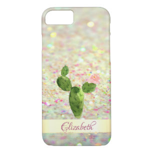 Watercolor Cactus Glittery Bokeh - Personalised iPhone 8/7 Case
