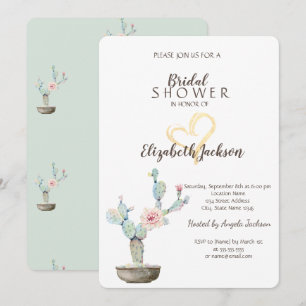 Watercolor Cactus Gold Heart Bridal Shower  Invitation