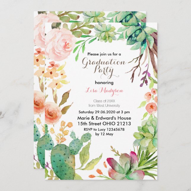 Watercolor Cactus Graduation Party Invite card (Front/Back)