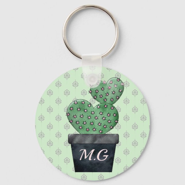 Watercolor Cactus in Plant Pot Patterned Key Ring (Front)