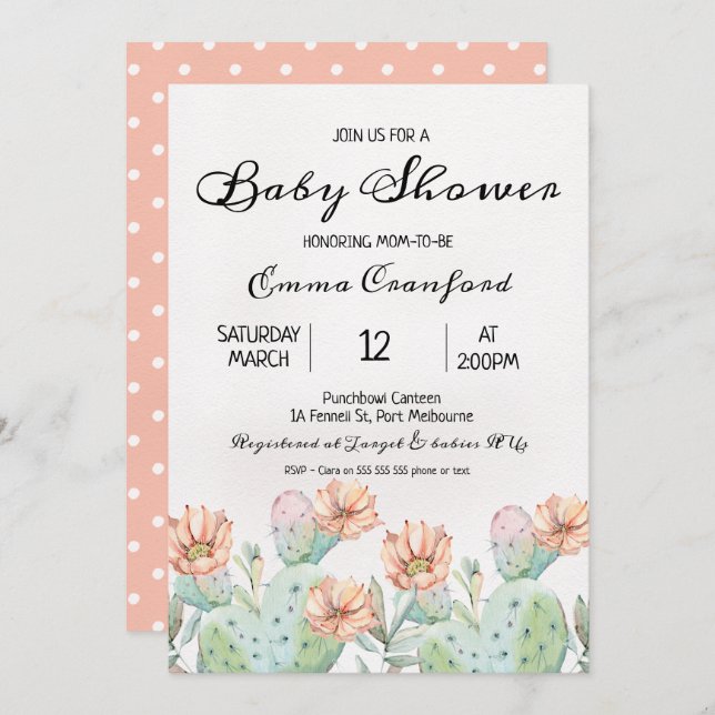 Watercolor Cactus Neutral Baby Shower Invitation (Front/Back)