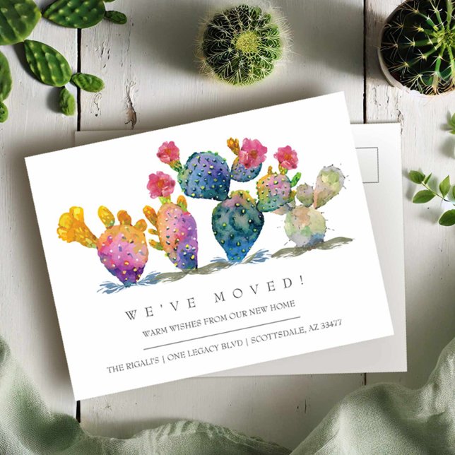 Watercolor Cactus New Home Moving Announcement Postcard (Moving announcement postcards watercolor cactus by Victoria Grigaliunas)