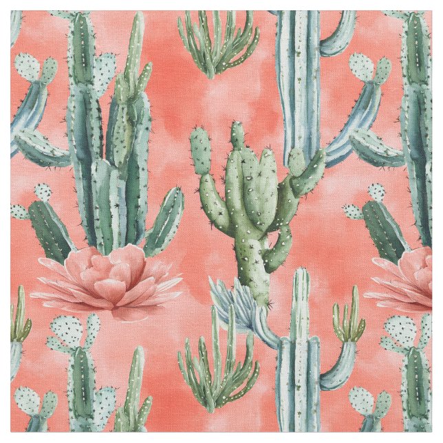 Watercolor Cactus on Coral Fabric (Close Up)