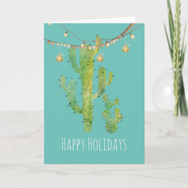 Watercolor Cactus Pair Customisable Holiday Card (Front)