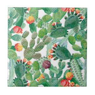 Watercolor Cactus Pattern Ceramic Tile