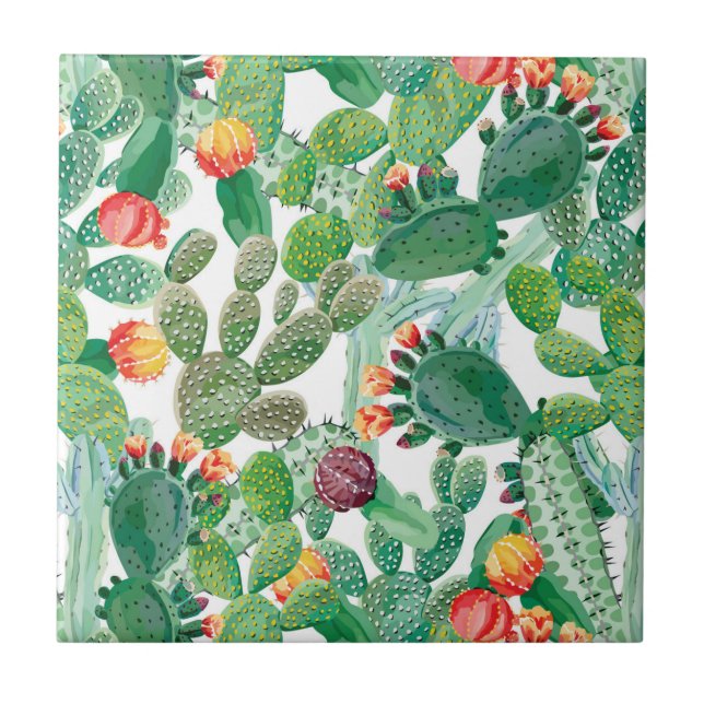 Watercolor Cactus Pattern Ceramic Tile (Front)