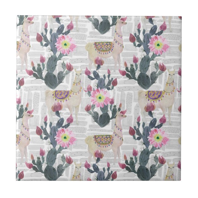Watercolor Cactus Pattern Ceramic Tile (Front)
