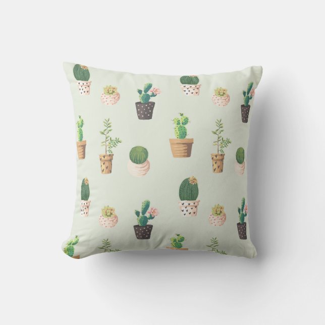 Watercolor Cactus Pattern Mint Green Cushion (Front)