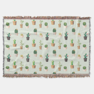 Watercolor Cactus Pattern Mint Green Throw Blanket