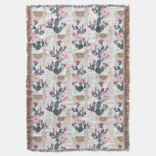 Watercolor Cactus Pattern Throw Blanket (Front Vertical)