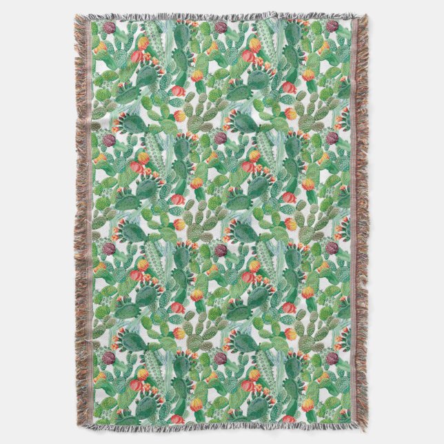 Watercolor Cactus Pattern Throw Blanket (Front Vertical)