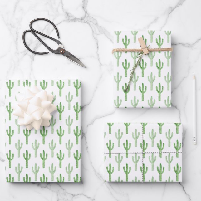 Watercolor Cactus Pattern Wrapping Paper Sheet (Front)