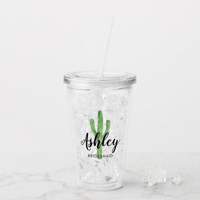 Watercolor Cactus Personalised Bridesmaid Acrylic Tumbler (Back Ice)
