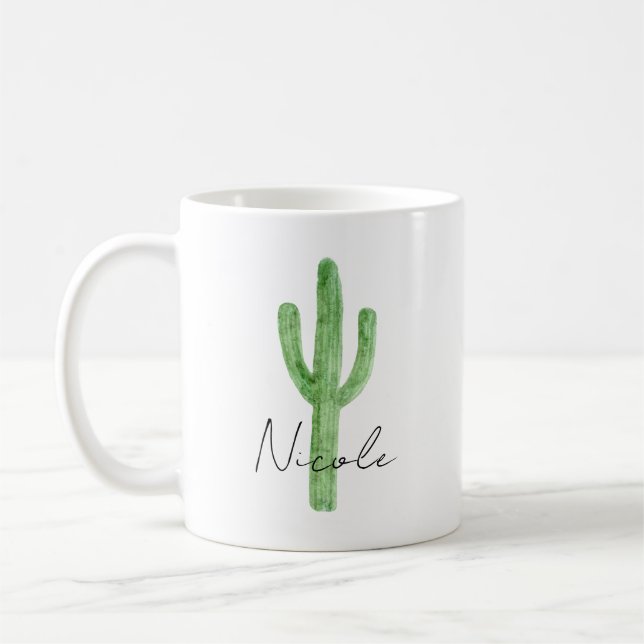 Watercolor Cactus Personalised Name Coffee Mug (Left)