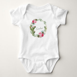 Watercolor Cactus Pink Floral Wreath Personalised  Baby Bodysuit