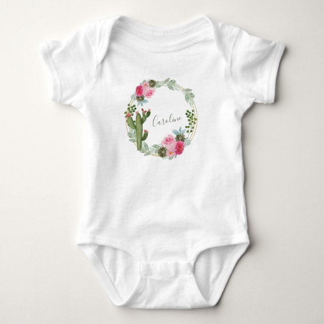 Watercolor Cactus Pink Floral Wreath Personalised  Baby Bodysuit (Front)
