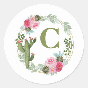 Watercolor Cactus Pink Floral Wreath Personalised  Classic Round Sticker