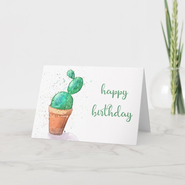 Watercolor Cactus Plant Birthday Card (Front)