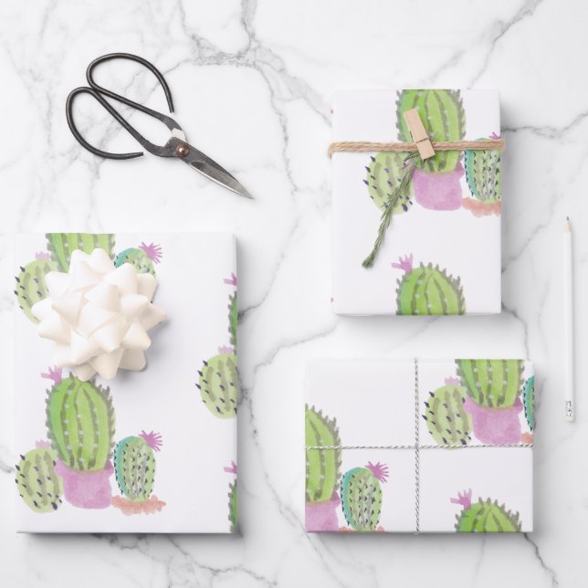 Watercolor Cactus Plant Green Pink Wrapping Paper Sheet (Front)