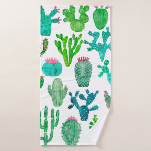 Watercolor cactus plant set, cacti flower illustra bath towel