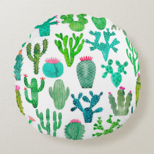 Watercolor cactus plant set, cacti flower illustra round cushion