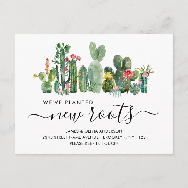 Watercolor Cactus Planted New Roots Moved Moving Announcement Postcard (Front)