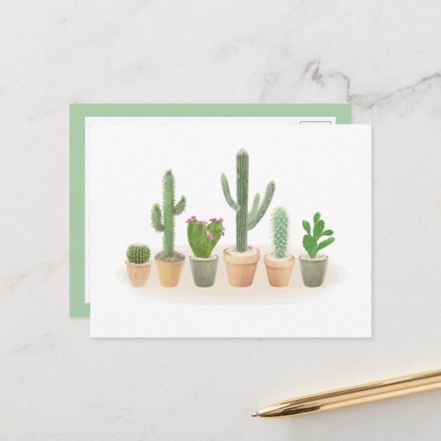 Watercolor Cactus Planter Cute Cacti Row Note Postcard (Front/Back In Situ)
