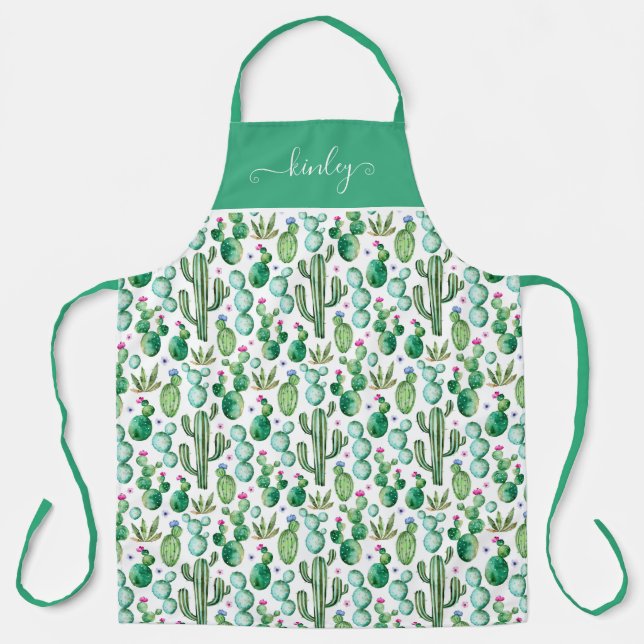 Watercolor Cactus Plants Pattern Apron (Front)