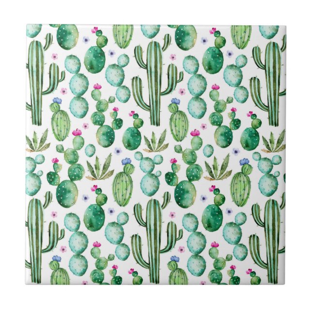 Watercolor Cactus Plants Pattern Ceramic Tile (Front)