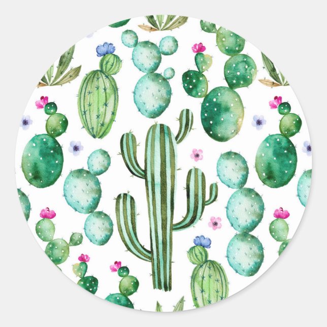 Watercolor Cactus Plants Pattern Classic Round Sticker (Front)