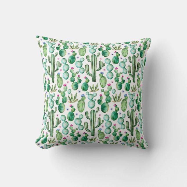 Watercolor Cactus Plants Pattern Cushion (Front)