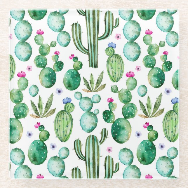 Watercolor Cactus Plants Pattern Glass Coaster (Front)