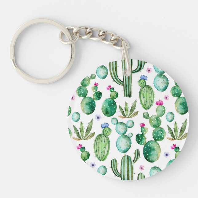 Watercolor Cactus Plants Pattern Key Ring (Front)