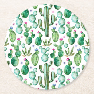Watercolor Cactus Plants Pattern Round Paper Coaster