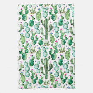 Watercolor Cactus Plants Pattern Tea Towel